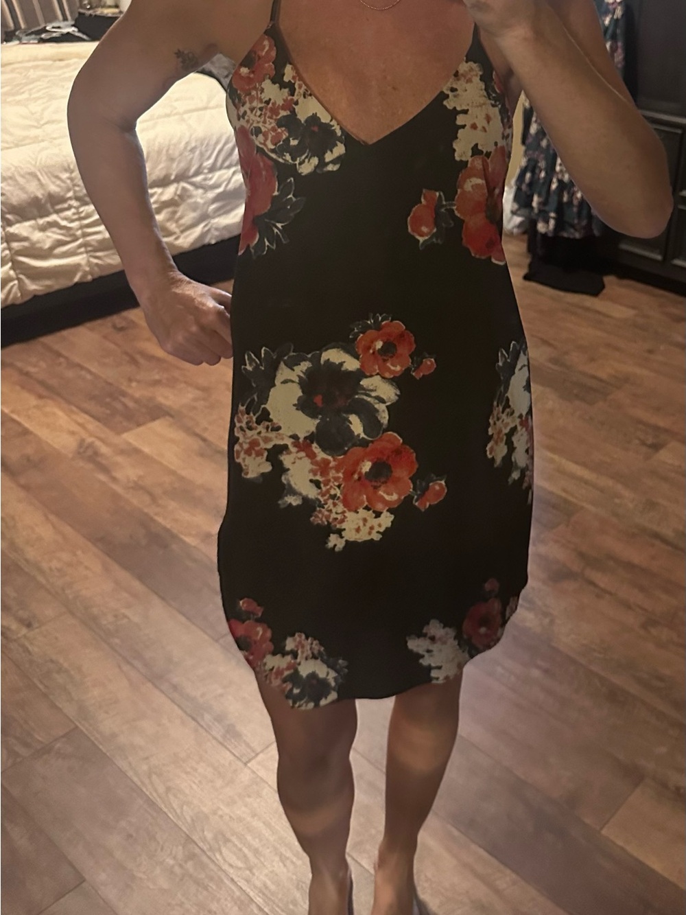 Free People Black Slip Dress with Red and Cream Floral Print